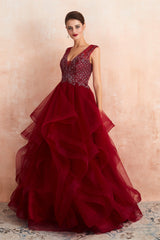Prom Dresses 2045 Cheap, Burgundy Sleeveless Aline Puffy Tulle Prom Dresses with Sequins