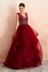 Prom Dress Sleeve, Burgundy Sleeveless Aline Puffy Tulle Prom Dresses with Sequins