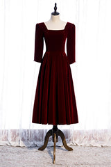 Evening Dress Short, Burgundy Square Neck Long Sleeves Velvet Midi Formal Dress
