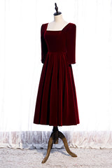 Evening Dresses Open Back, Burgundy Square Neck Long Sleeves Velvet Midi Formal Dress