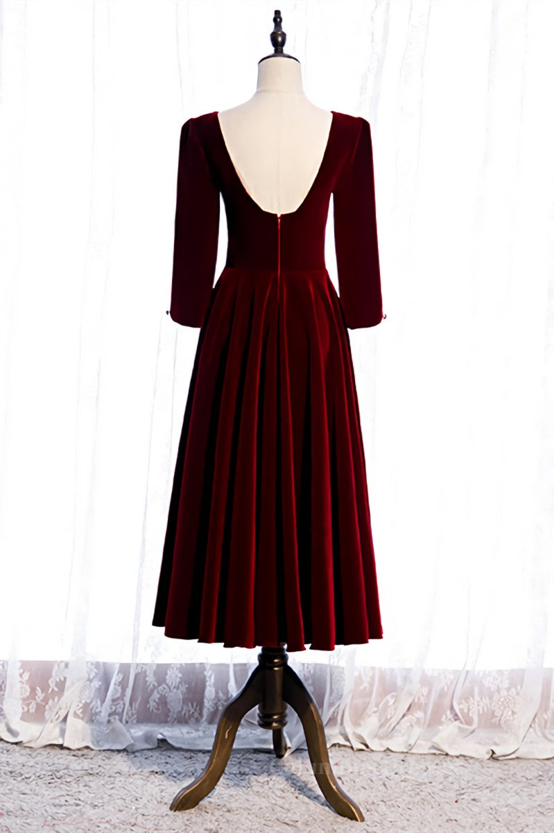 Evening Dresses Elegant Classy, Burgundy Square Neck Long Sleeves Velvet Midi Formal Dress