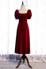 Girl Dress, Burgundy Square Neck Puff Sleeves Bow Tie Back Tea Length Formal Dress with Buttons