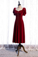 Vacation Dress, Burgundy Square Neck Puff Sleeves Bow Tie Back Tea Length Formal Dress with Buttons