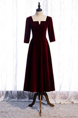 Homecoming Dresses Pretty, Burgundy Square Neck Sleeves Velvet Bow Tie Back Tea Length Formal Dress