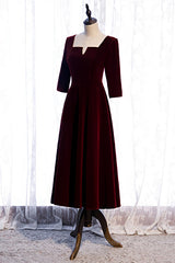 Homecoming Dress Pretty, Burgundy Square Neck Sleeves Velvet Bow Tie Back Tea Length Formal Dress