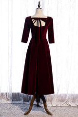Homecoming Dresses Online, Burgundy Square Neck Sleeves Velvet Bow Tie Back Tea Length Formal Dress