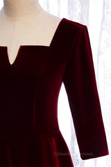 Homecoming Dresses Unique, Burgundy Square Neck Sleeves Velvet Bow Tie Back Tea Length Formal Dress