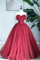 Bridesmaids Dresses With Sleeves, Burgundy Strapless Tulle Long Formal Dress, Sweetheart Neckline Evening Dress
