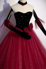 Party Dress Nye, Burgundy Strapless Tulle Long Prom Dress, A-Line Evening Party Dress