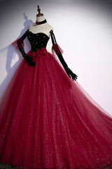 Party Dress For Girls, Burgundy Strapless Tulle Long Prom Dress, A-Line Evening Party Dress