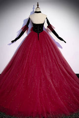 Party Dress Sparkle, Burgundy Strapless Tulle Long Prom Dress, A-Line Evening Party Dress