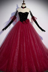 Party Dress Emerald Green, Burgundy Strapless Tulle Long Prom Dress, A-Line Evening Party Dress