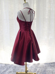 Homecoming Dresses Laces, Burgundy Straps V-neckline Short Party Dress , Lovely Satin Homecoming Dress