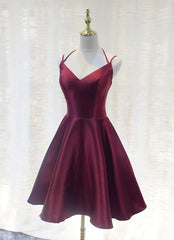 Homecomming Dresses Lace, Burgundy Straps V-neckline Short Party Dress , Lovely Satin Homecoming Dress