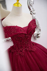 Party Dress Brands, Burgundy Sweet 16 Formal Gown with Lace, Off the Shoulder Prom Dress Party Dress