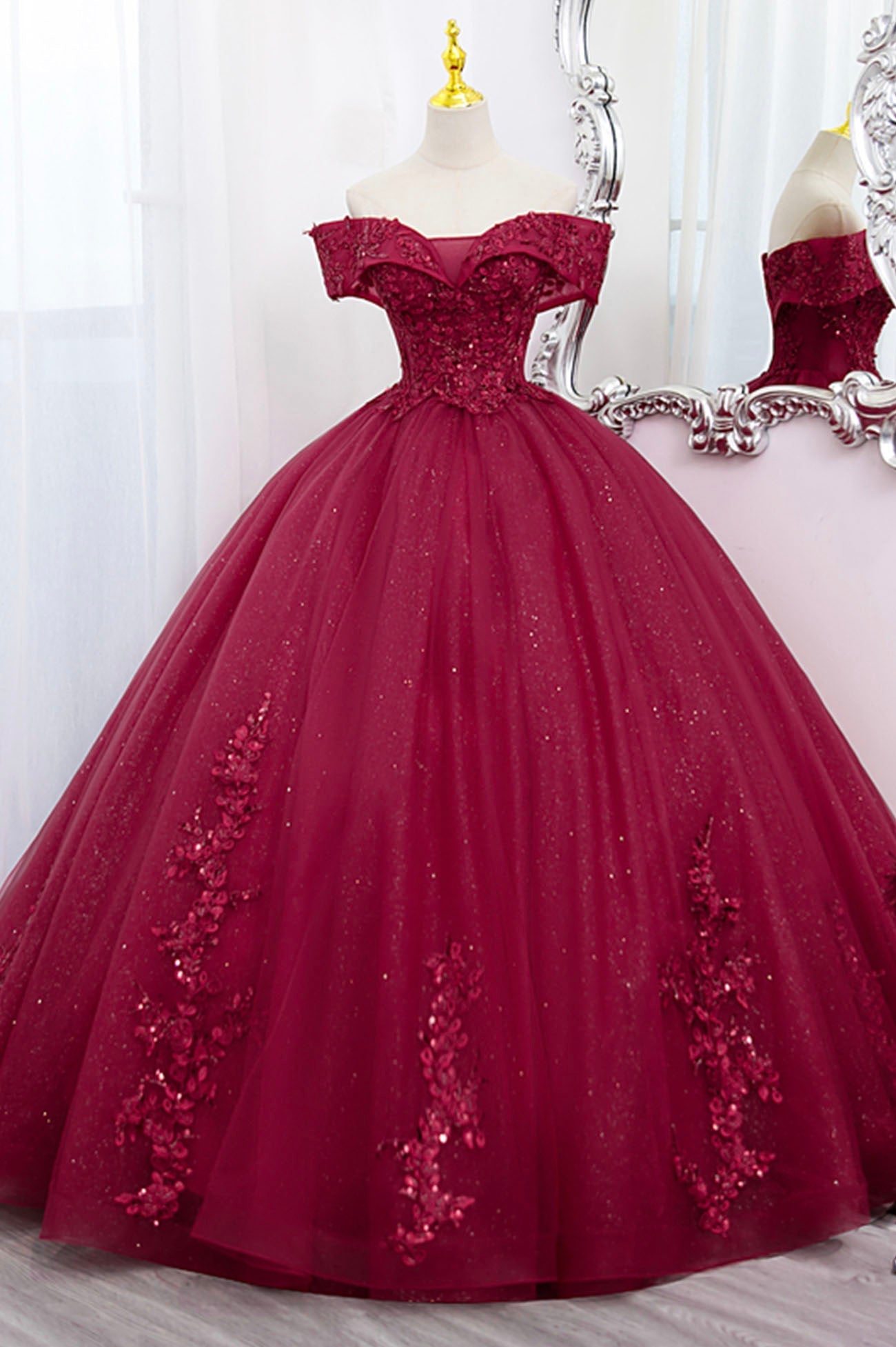 Party Dress Dress Code, Burgundy Sweet 16 Formal Gown with Lace, Off the Shoulder Prom Dress Party Dress