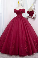 Party Dress Long, Burgundy Sweet 16 Formal Gown with Lace, Off the Shoulder Prom Dress Party Dress