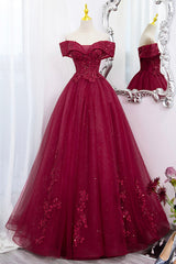 Party Dresses 2022, Burgundy Sweet 16 Formal Gown with Lace, Off the Shoulder Prom Dress Party Dress