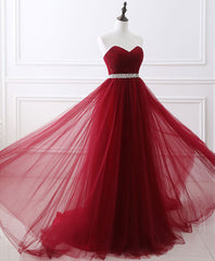 On Shoulder Dress, Burgundy Sweet Neck Tulle Long Prom Gown, Burgundy Evening Dress