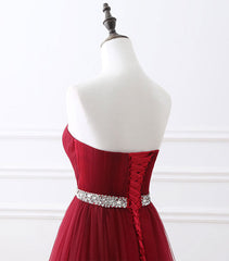 Cute Summer Dress, Burgundy Sweet Neck Tulle Long Prom Gown, Burgundy Evening Dress