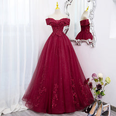 Formal Dresses Cheap, Burgundy Sweetheart Flowers Sequins Lace Party Dress, Long Formal Dress Prom Dress