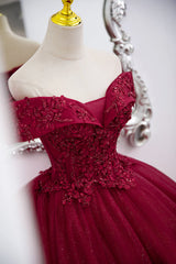 Formal Dresses 2022, Burgundy Sweetheart Flowers Sequins Lace Party Dress, Long Formal Dress Prom Dress