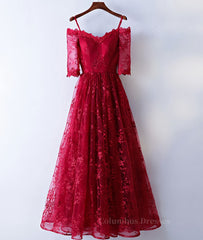 Bridesmaid Dress Peach, Burgundy sweetheart lace long prom dress, burgundy evening dress