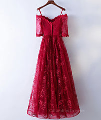 Bridesmaid Dress Strapless, Burgundy sweetheart lace long prom dress, burgundy evening dress