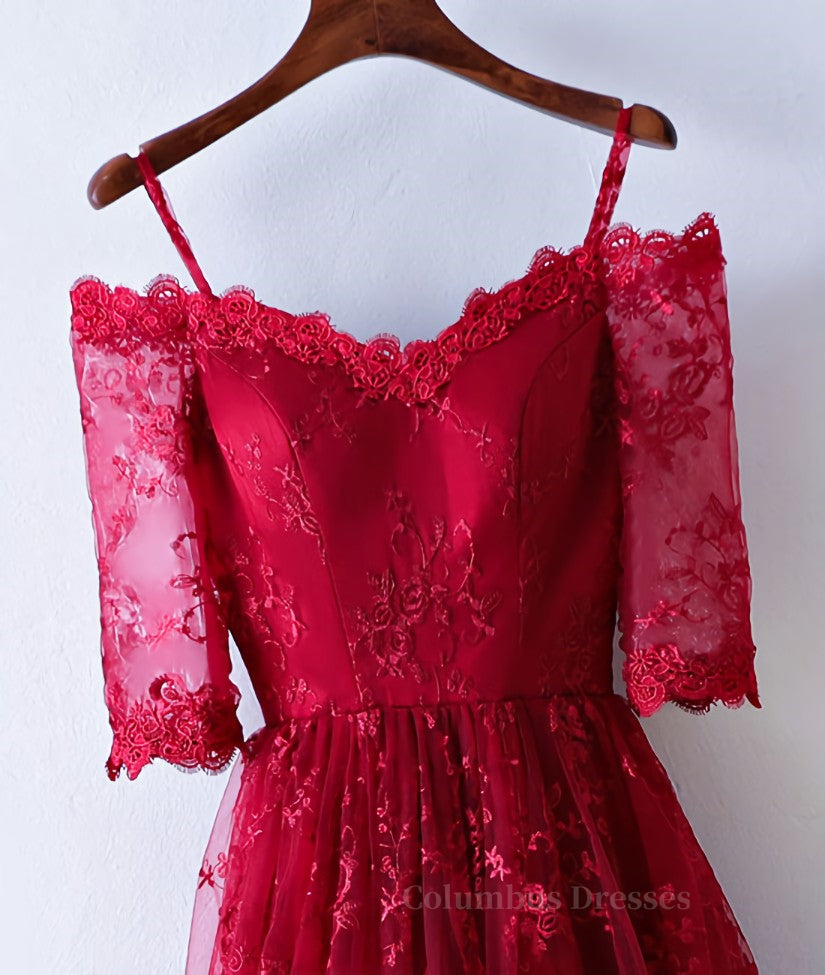 Bridesmaids Dresses Strapless, Burgundy sweetheart lace long prom dress, burgundy evening dress