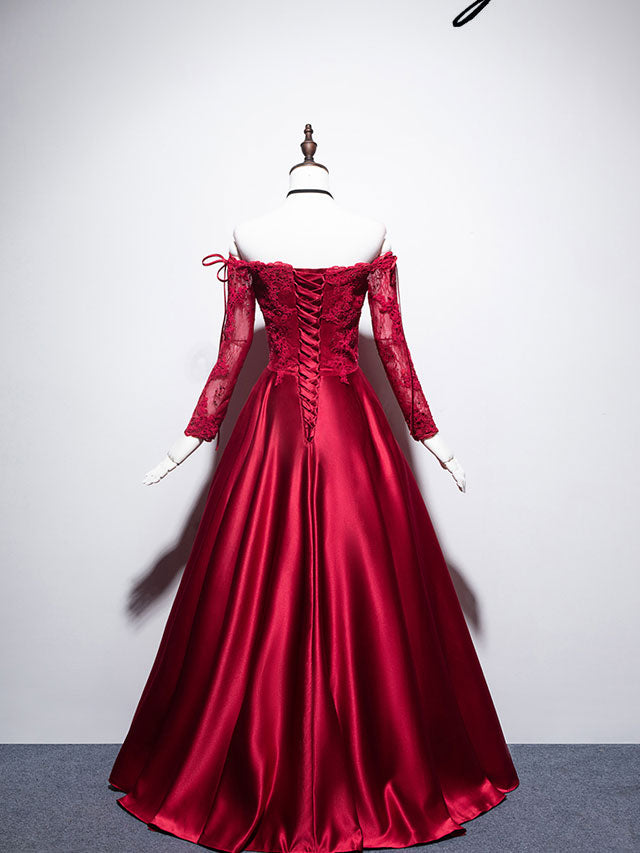 Formal Dress Simple, Burgundy Sweetheart Lace Satin Long Prom Dress Burgundy Evening Dress