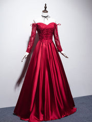 Formal Dresses Ball Gown, Burgundy Sweetheart Lace Satin Long Prom Dress Burgundy Evening Dress