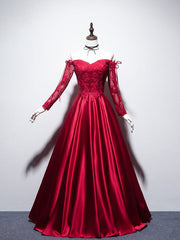 Formal Dresses 2027, Burgundy Sweetheart Lace Satin Long Prom Dress Burgundy Evening Dress