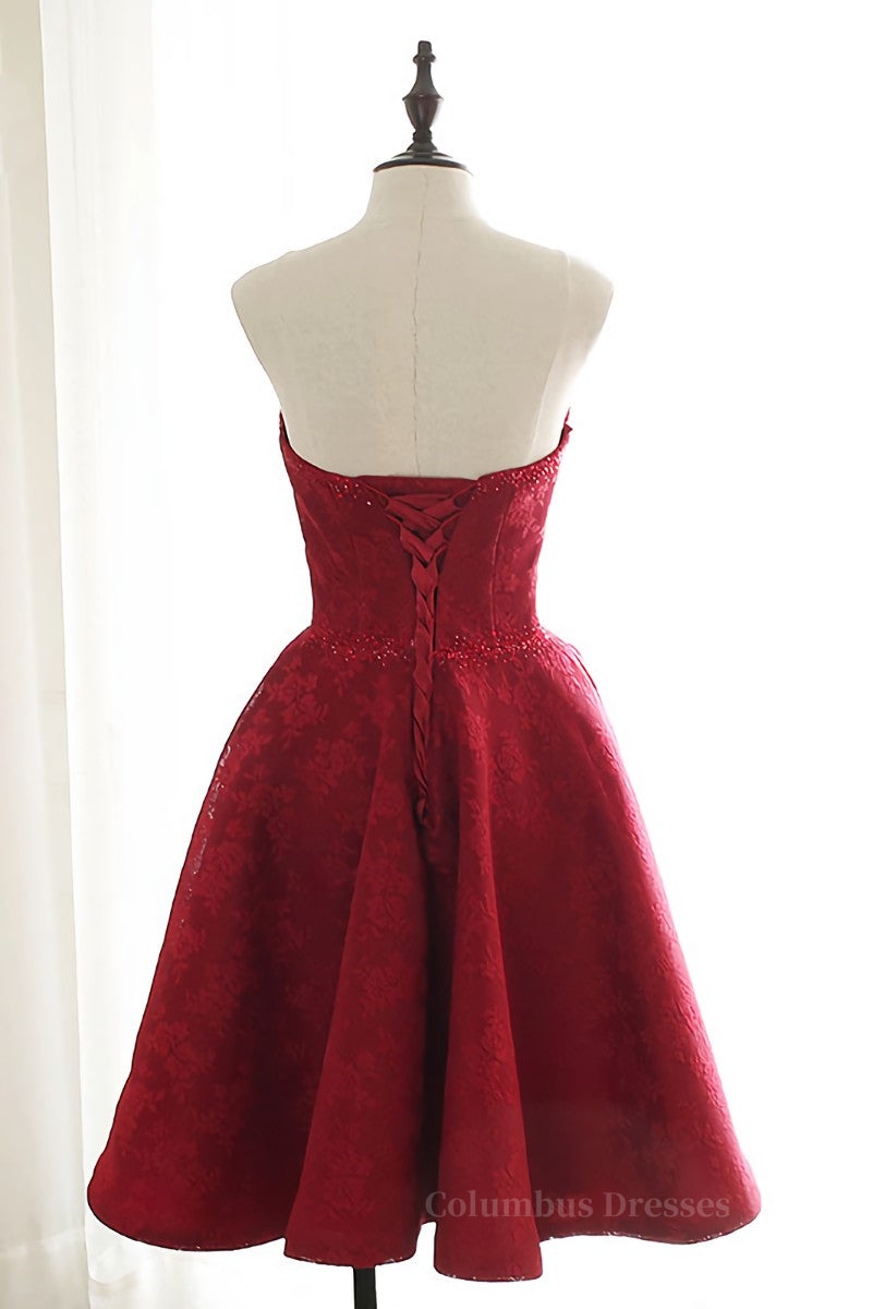 Evening Dress With Sleeve, Burgundy sweetheart lace short prom dress burgundy homecoming dress