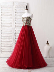 Bridesmaid Dresses Affordable, Burgundy Sweetheart Neck Lace Applique Tulle Long Prom Dresses