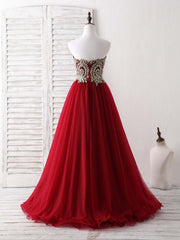 Bridesmaid Dress Online, Burgundy Sweetheart Neck Lace Applique Tulle Long Prom Dresses
