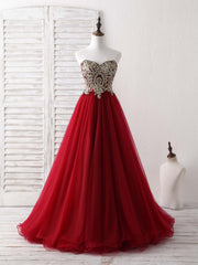 Bridesmaid Dresses Under 105, Burgundy Sweetheart Neck Lace Applique Tulle Long Prom Dresses