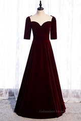 Homecoming Dresses Under 80, Burgundy Sweetheart Sleeves Pleated Velvet Lace-Up Maxi Formal Dress