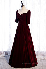 Homecoming Dress Under 80, Burgundy Sweetheart Sleeves Pleated Velvet Lace-Up Maxi Formal Dress
