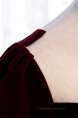Homecoming Dresses Cute, Burgundy Sweetheart Sleeves Pleated Velvet Lace-Up Maxi Formal Dress