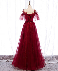Dream Dress, Burgundy Sweetheart Tulle Lace Long Prom Dress Burgundy Formal Dress