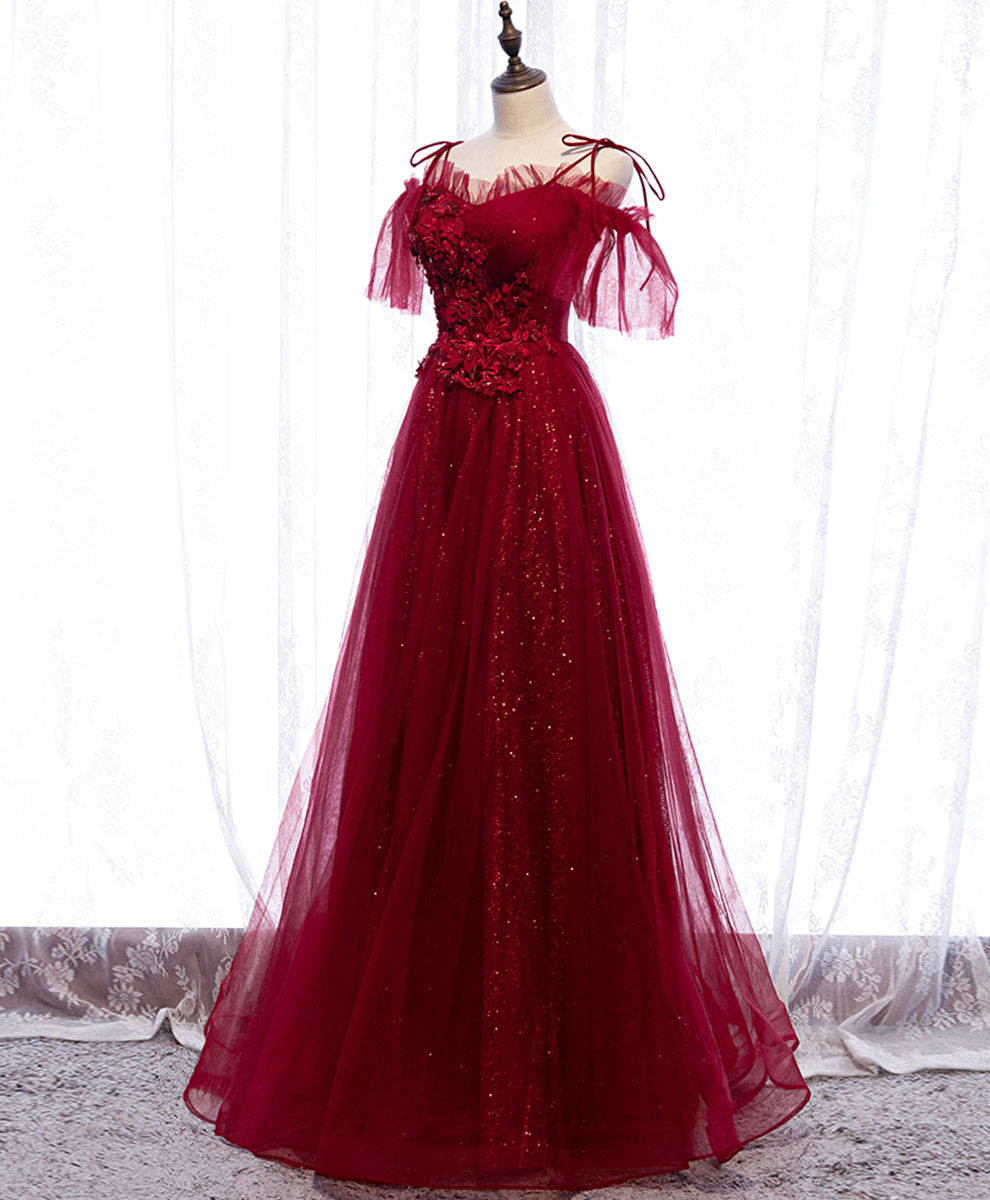 Elegant Dress For Women, Burgundy Sweetheart Tulle Lace Long Prom Dress Burgundy Formal Dress