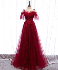Flowy Prom Dress, Burgundy Sweetheart Tulle Lace Long Prom Dress Burgundy Formal Dress