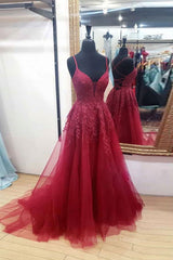 Prom Dresses With Short, Burgundy sweetheart tulle lace long prom dress formal dress