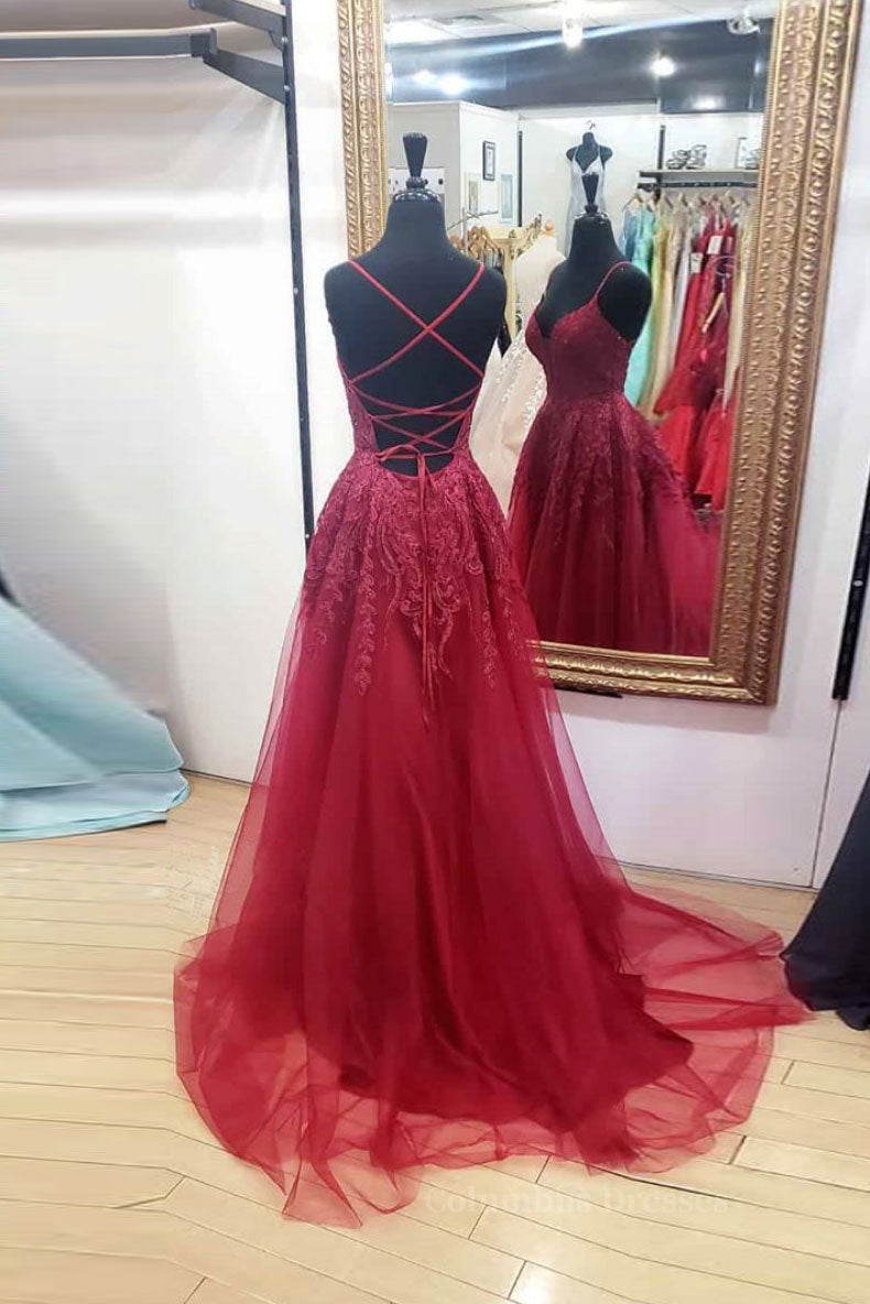 Prom Dresses With Shorts, Burgundy sweetheart tulle lace long prom dress formal dress