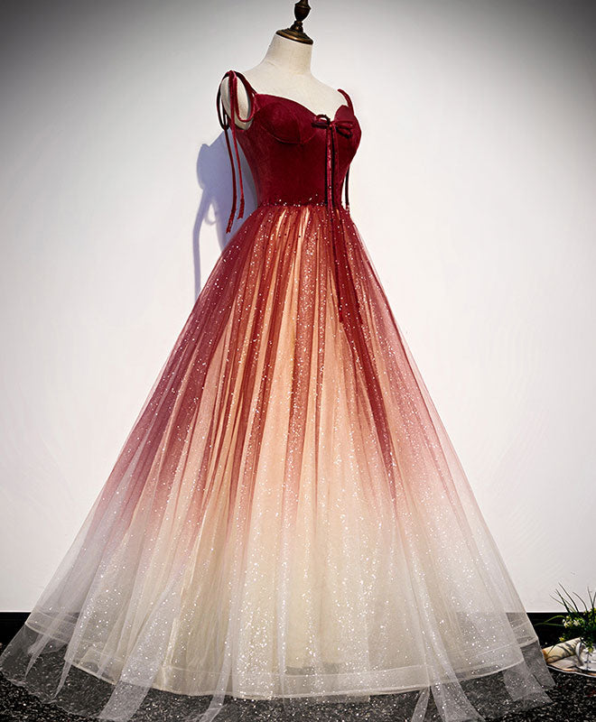 Homecoming Dresses Lace, Burgundy Sweetheart Tulle Long Prom Dress Burgundy Evening Dress