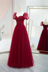 Bridesmaid Dress Affordable, Burgundy Tulle Beaded Long Prom Dress, A-Line Short Sleeve Evening Dress