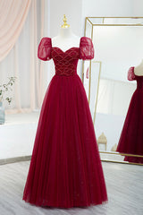 Bridesmaid Dresses Custom, Burgundy Tulle Beaded Long Prom Dress, A-Line Short Sleeve Evening Dress