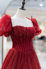 Wedding Ideas, Burgundy Tulle Beaded Long Prom Dress, A-Line Short Sleeve Formal Dress