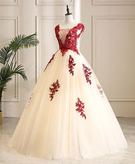 Evening Dresses For Over 54, Burgundy Tulle Beads Lace Long Prom Dress Sweet 16 Dress