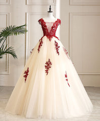 Evening Dresses Knee Length, Burgundy Tulle Beads Lace Long Prom Dress Sweet 16 Dress